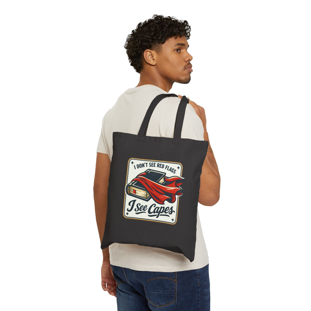 Canvas Tote Bag — "I Don't See Red Flags, I See Capes" Retro Superhero Grocery Beach Bag