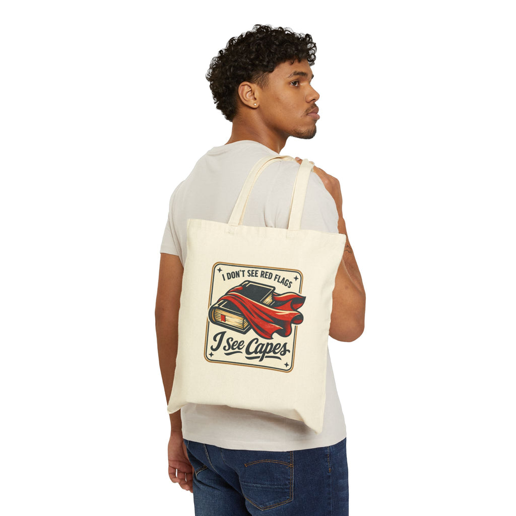 Canvas Tote Bag — "I Don't See Red Flags, I See Capes" Retro Superhero Grocery Beach Bag