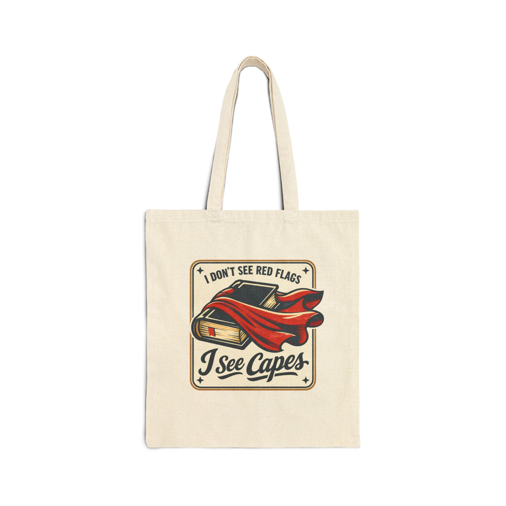 Canvas Tote Bag — "I Don't See Red Flags, I See Capes" Retro Superhero Grocery Beach Bag